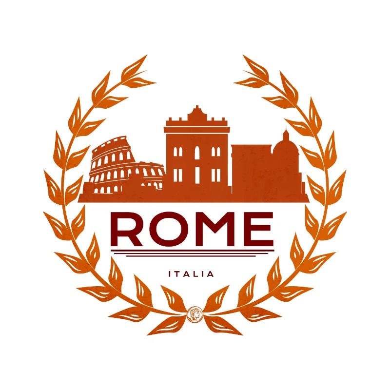 Monuments romains dans une couronne de laurier