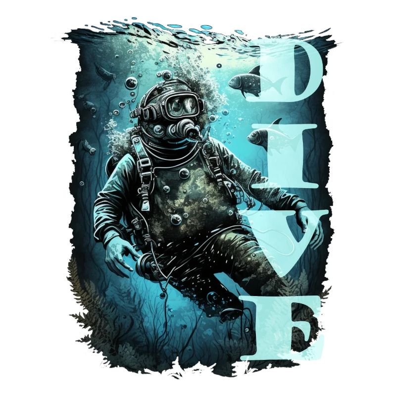 Diver with fish and lettering