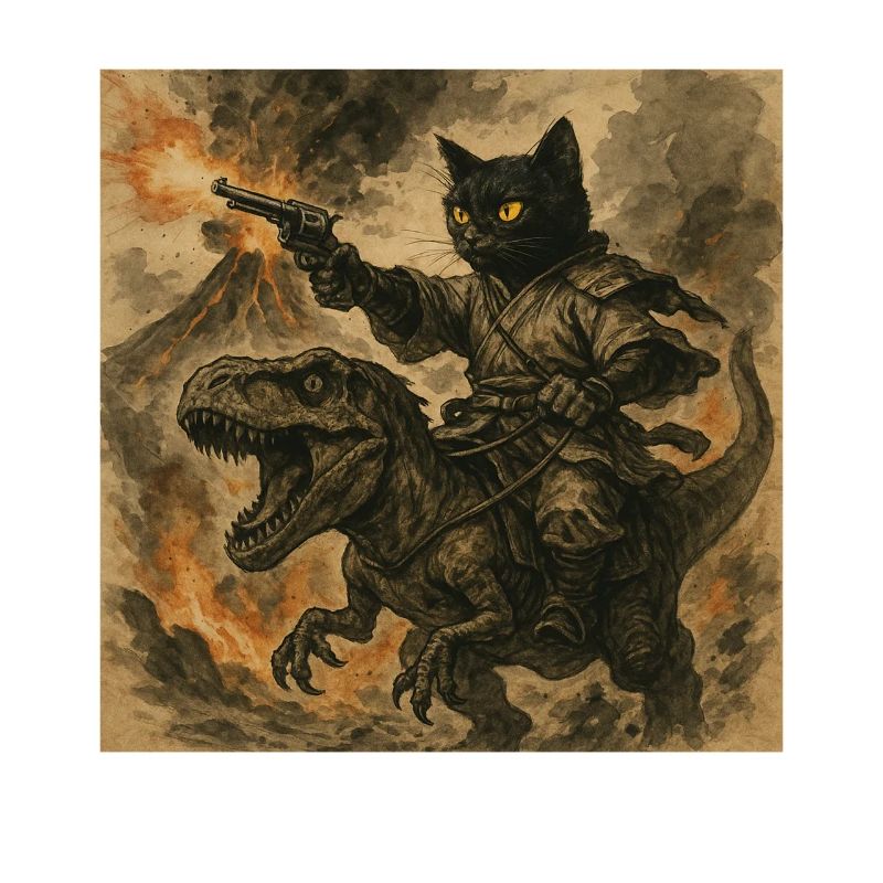Samurai-Katze reitet auf Dinosaurier bei Vulkanausbruch