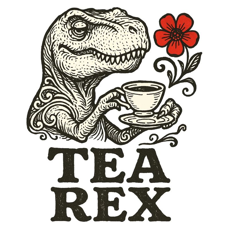 Dinosaurier mit Tee und Blumenakzent