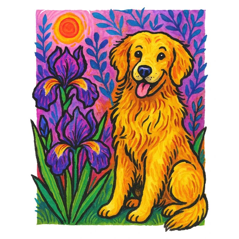 Lebendiger Golden Retriever im Blumengarten