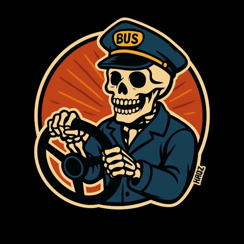 Skeleton bus driver at bus steering wheel