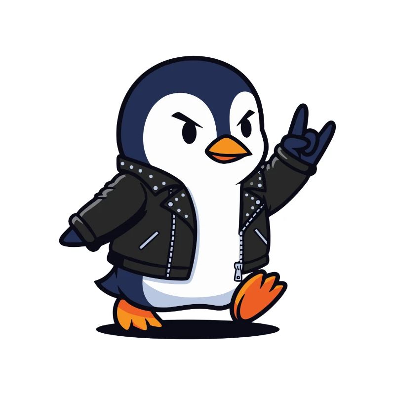 Rocker-Pinguin in Lederjacke mit Teufelshorn