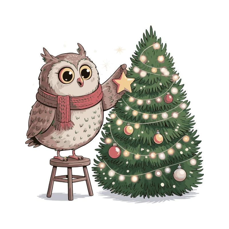 Eule schmückt Weihnachtsbaum