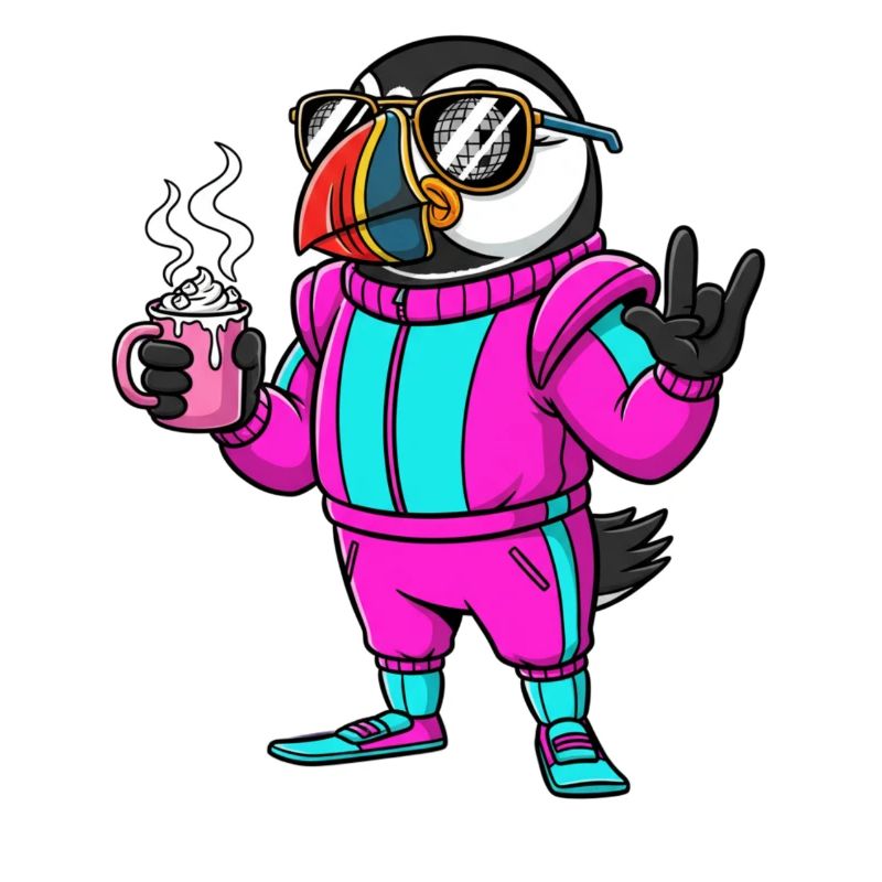 Stylischer Vogel im Ski-Overall mit Kaffee