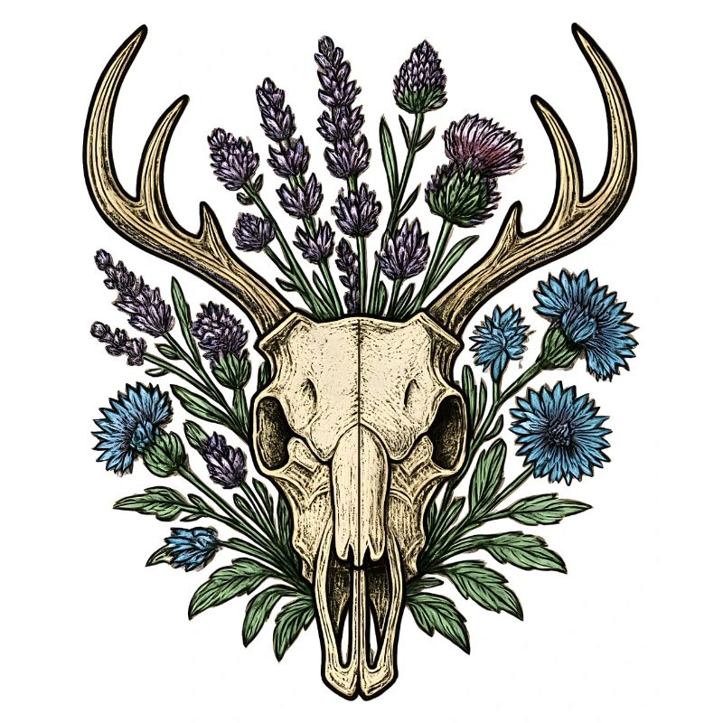 Hirschknochen mit Blumenkranz