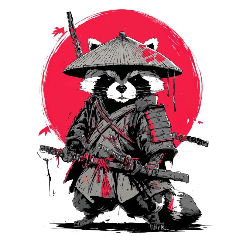 Waschbär-Samurai unter Crimson Moon