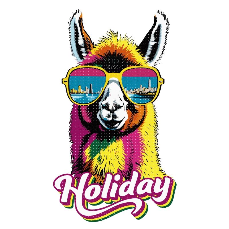 Llama Vacation: City Skyline & Sea Reflection