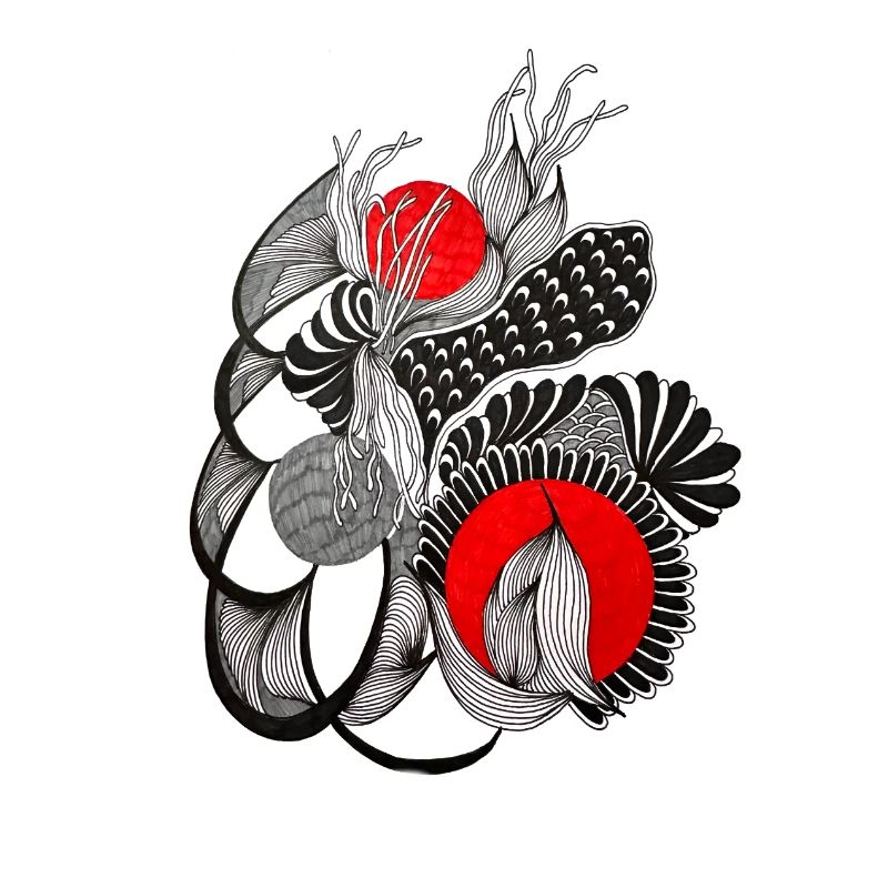 Monochrome flower circles with red