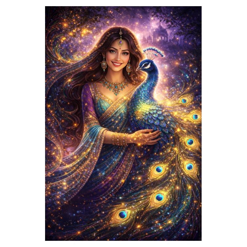 Mystical Indian Woman with Glowing Peacock