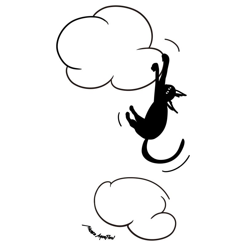 Schwarze Katze hängt an einer Wolke.