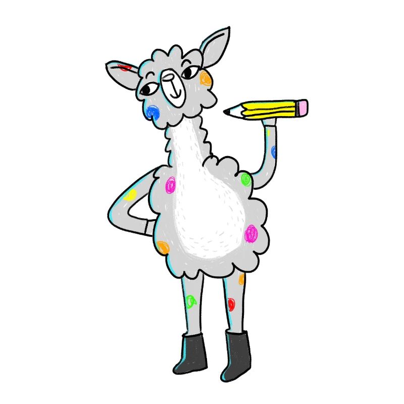 Lama avec des points colorés et un crayon