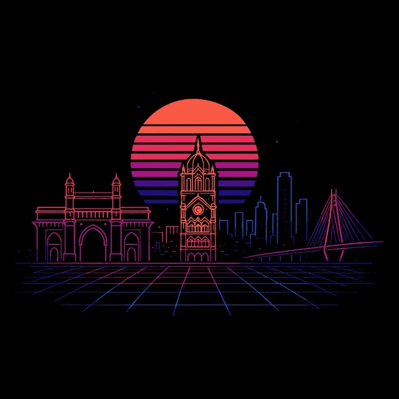 Neon Synthwave City Skyline - Mumbai