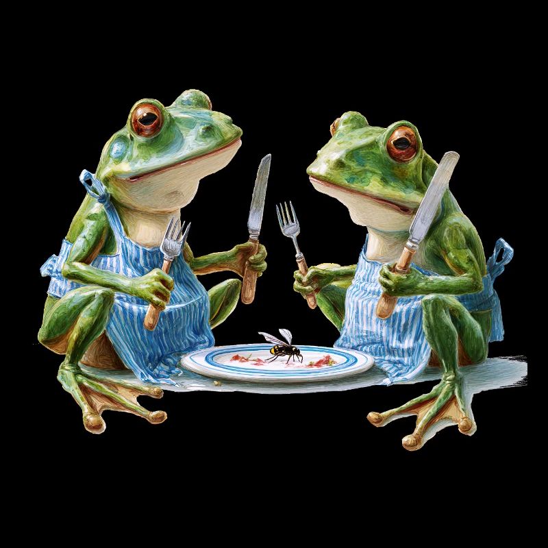 Two frog cooks at dinner