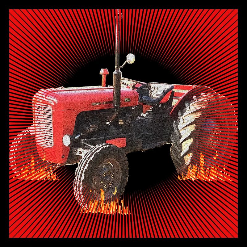 Fire-red tractor in the inferno