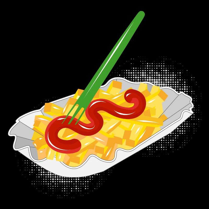 Pommes mit Ketschup in der Pappschale und Gabel