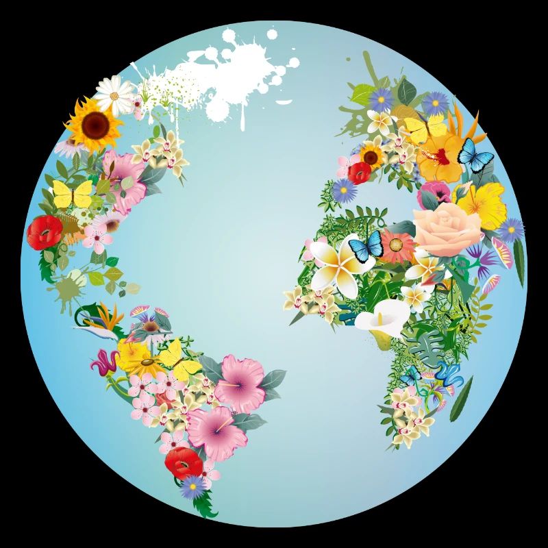 globe bleu clair avec des continents en fleurs