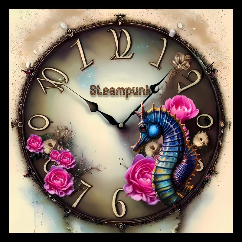 Steampunk Uhr mit Blumen und Seepferdchen