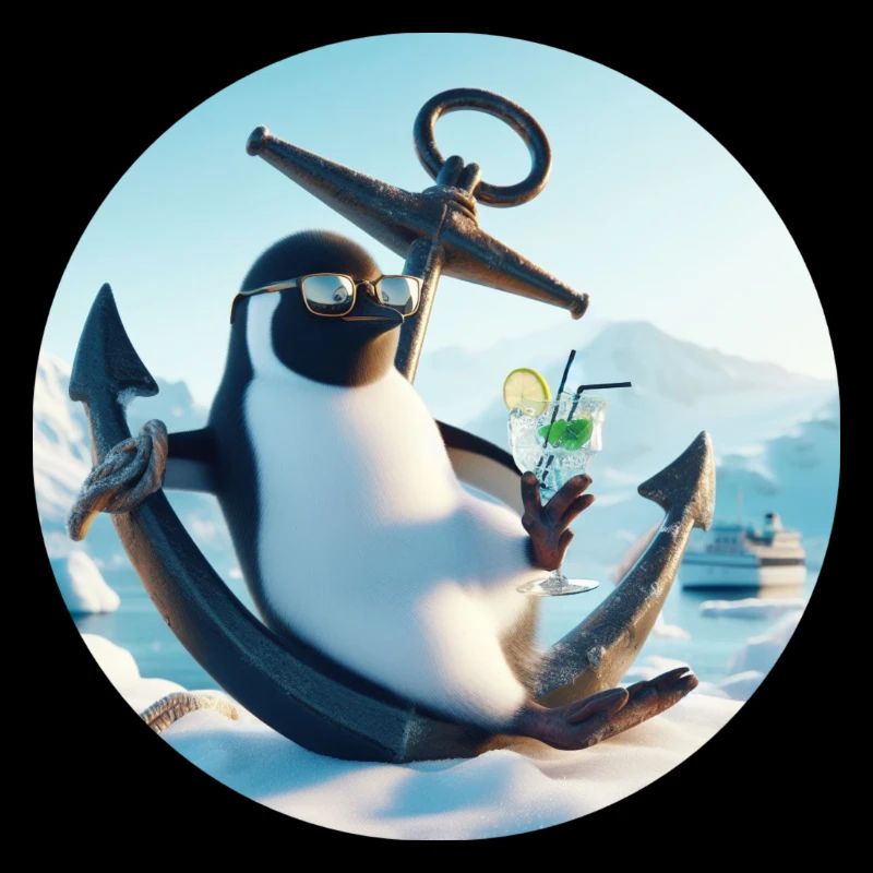 Casual penguin sits on anchor and drinks