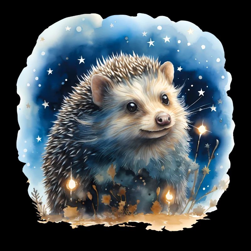 Watercolor hedgehog with starry sky