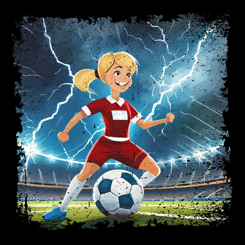 Stade de personnage de dessin animé de footballeuse avec des éclairs