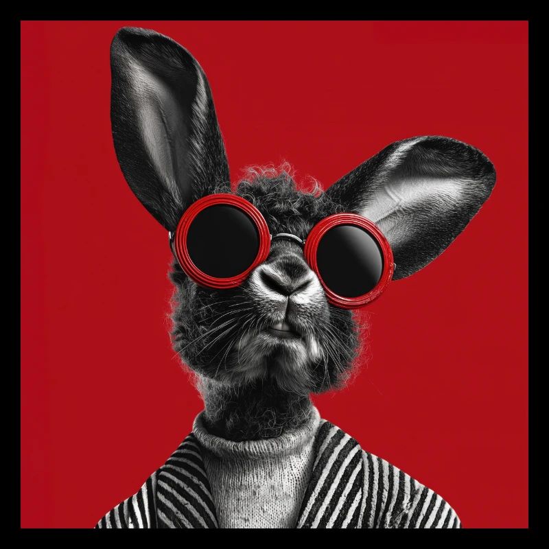 Hase mit Sonnenbrille vor rotem Hintergrund