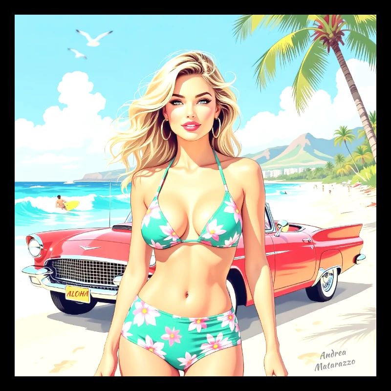 Frau am Strand mit Oldtimer