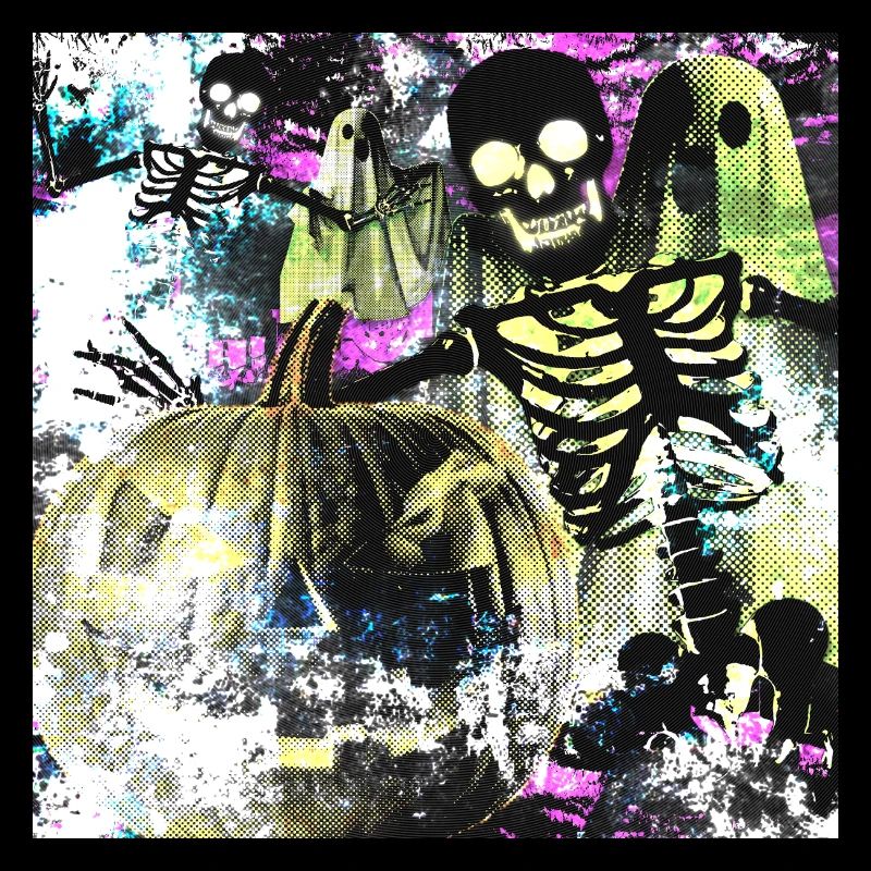 Squelettes de citrouilles hantées dans la forêt de néons