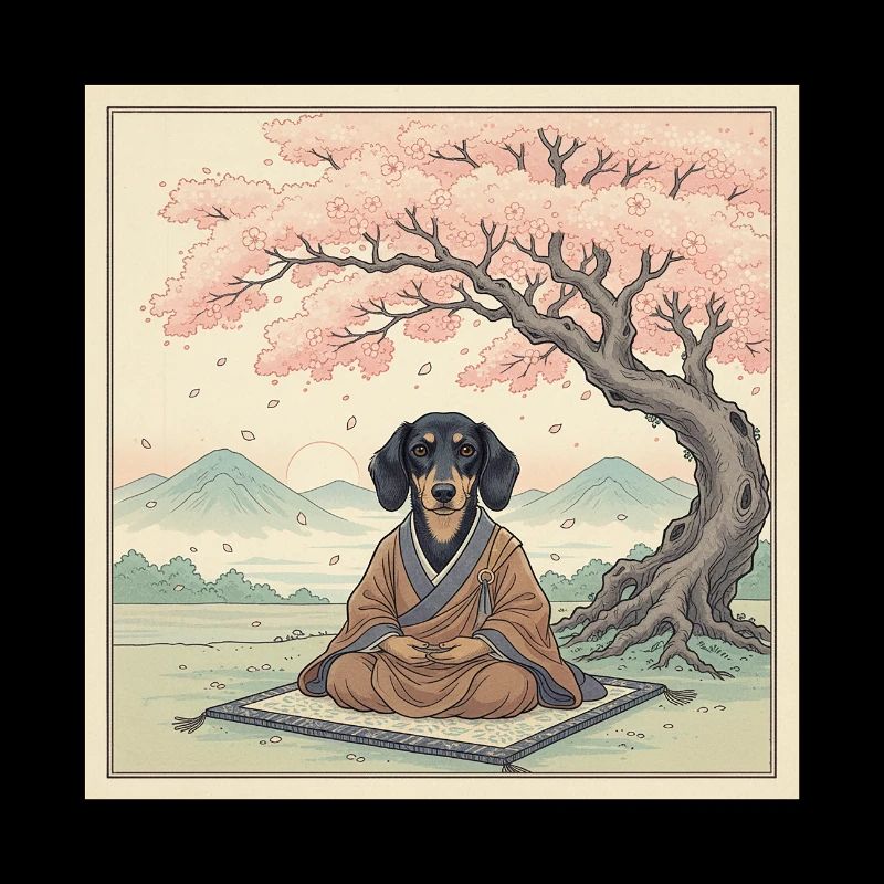 Dachshund Dog Monk Meditating Sakura Tree Zen Art