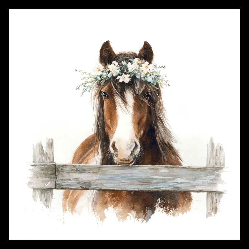 Cheval couronné de fleurs par-dessus la clôture