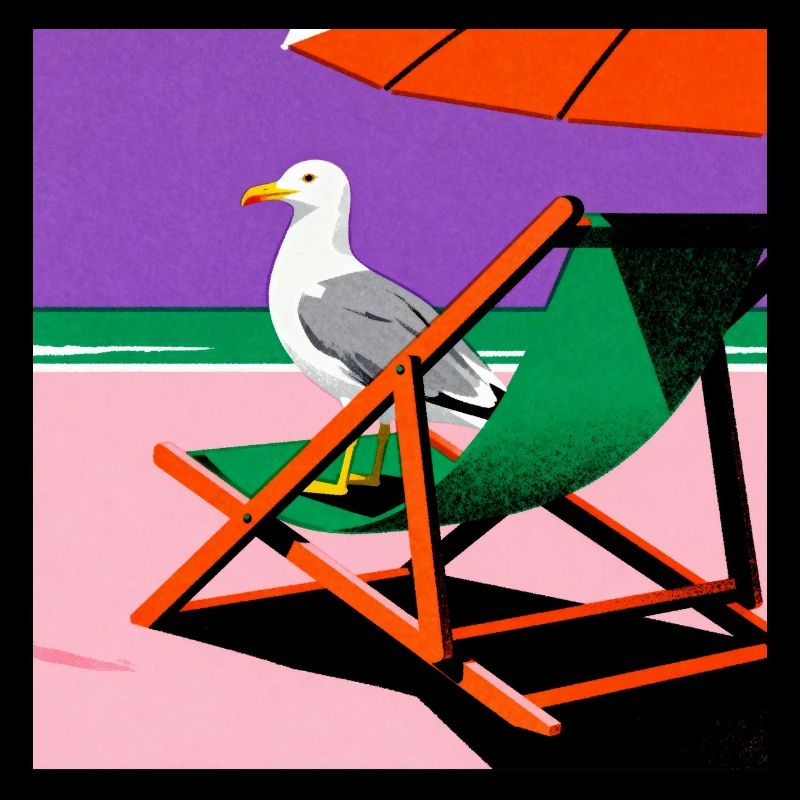 Chaise de plage colorée et mouette