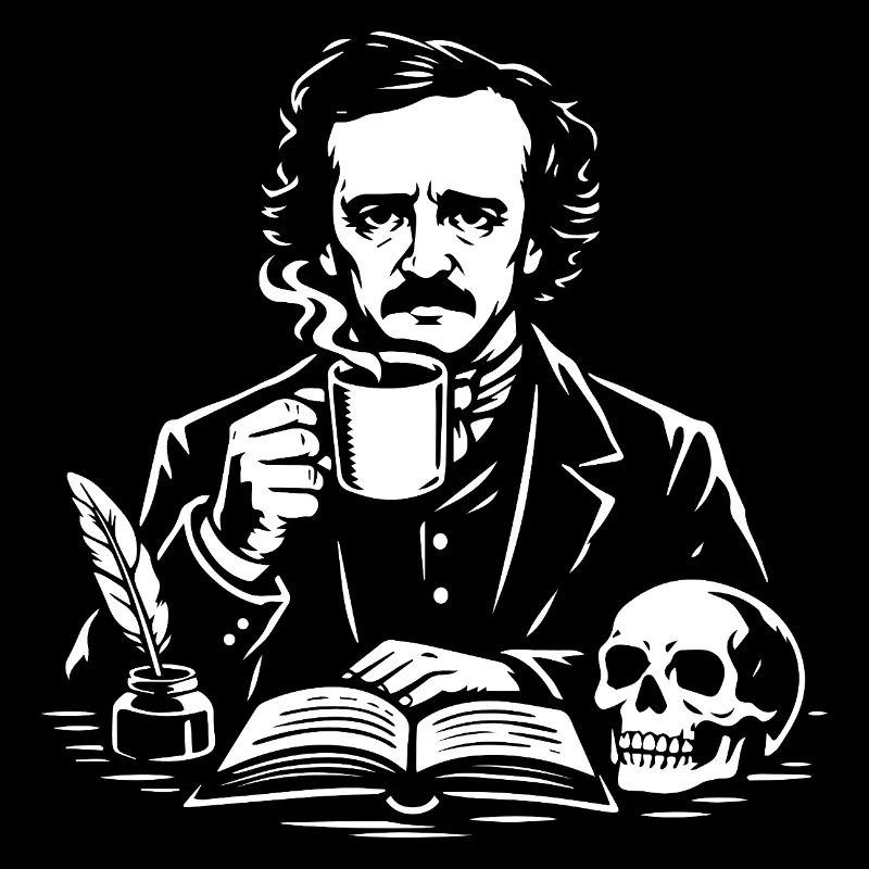 Edgar Allan Poe Kaffeestudie mit Schädel