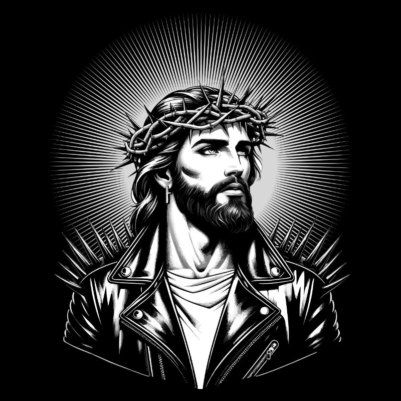 Jesus Christ with stylish hairstyle & leather jacket