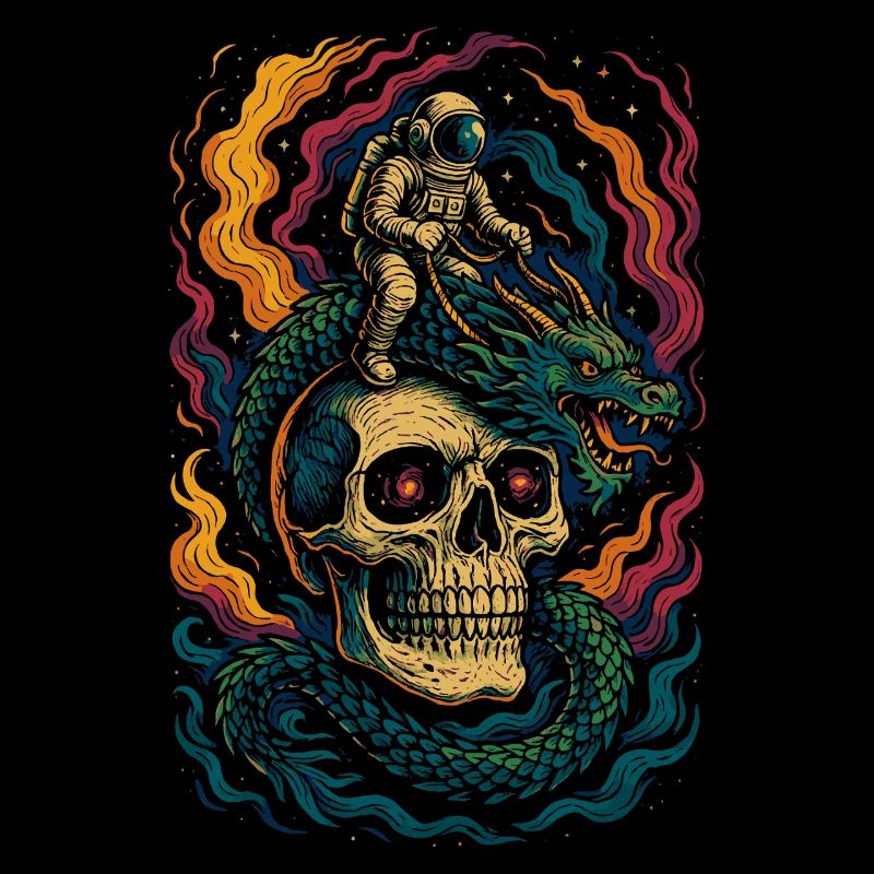 Astronaut Reitt Drachen Kosmische Schädel Kunst