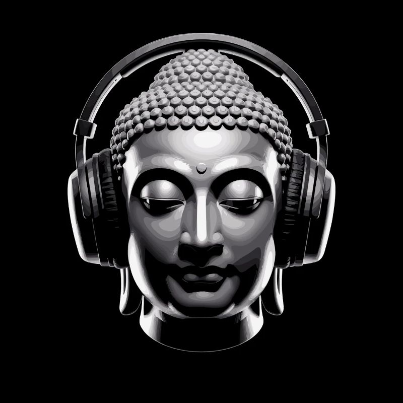 Buddha mit Kopfhörern Achtsamkeit Musik Boho Zen