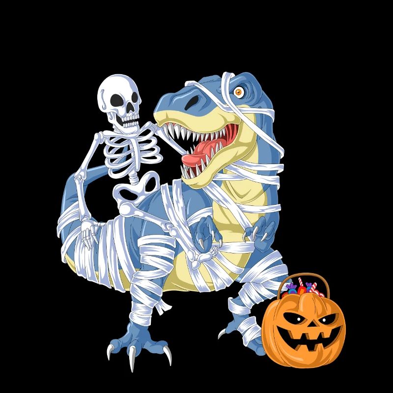 Skeleton Riding Mummy Dinosaur Halloween Tee