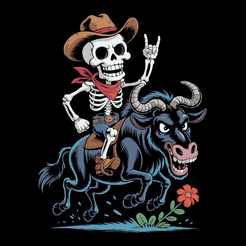 Skelett Cowboy Rodeo auf Gnu