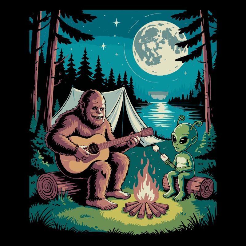 Bigfoot au feu de camp avec extraterrestre