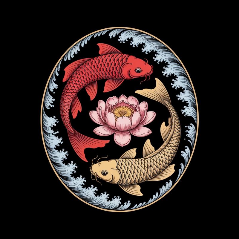 Koi Poisson Lotus Fleur Wave Art