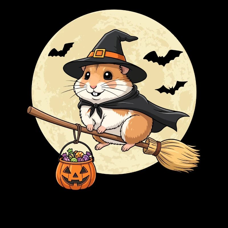 Cute Hamster Witch Halloween Pumpkin Full Moon