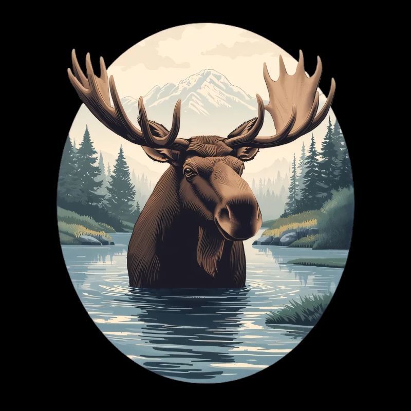 Moose Illustration in Mountain River Landscape
