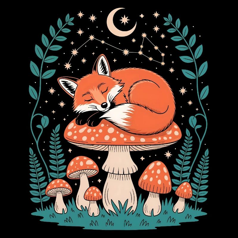 Sleeping Fox on Mushroom Under Starry Sky