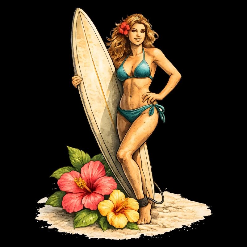Surfer with board and hibiscus flowers