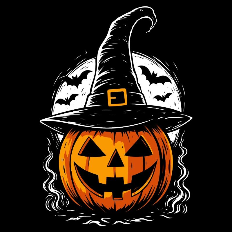 Spooky pumpkin with witch hat & full moon