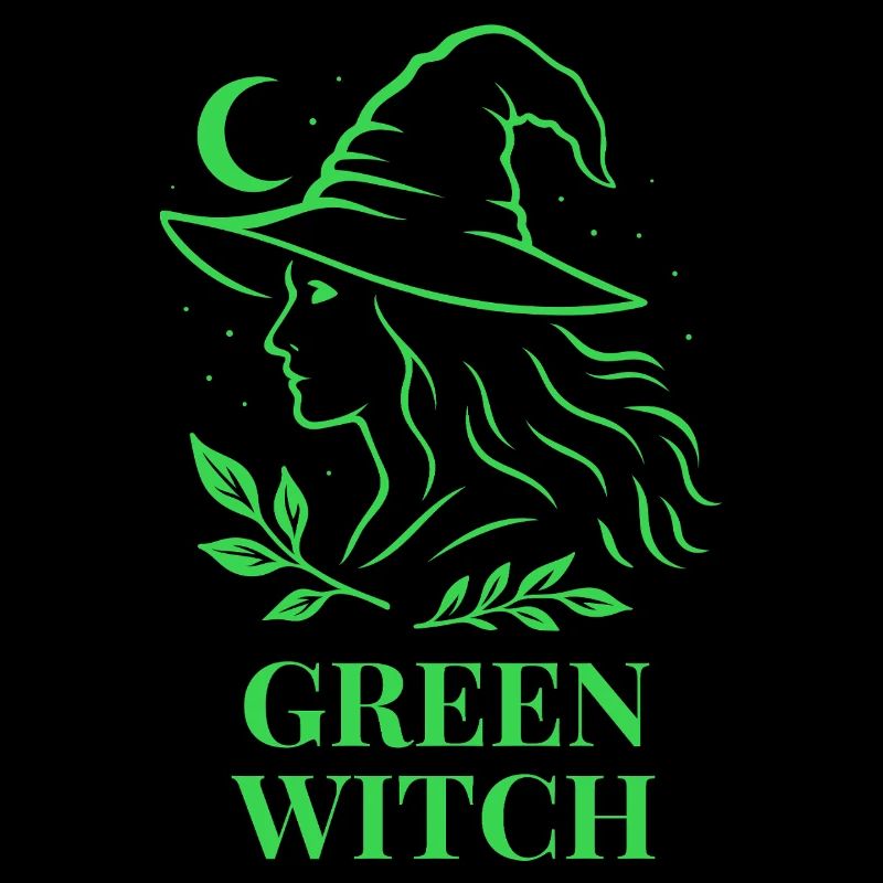 Green Witch with Moon and Leaves in Green