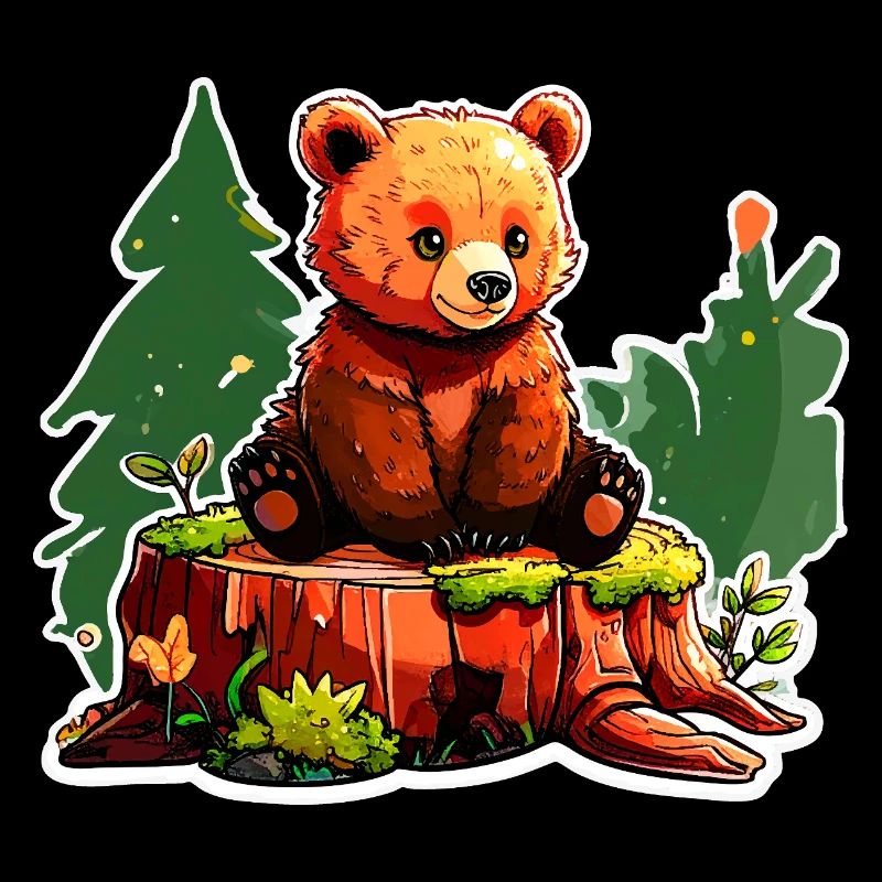 A little bear perched on a tree stump