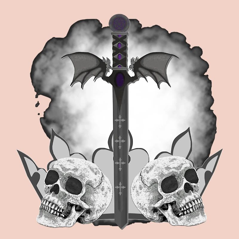 Menschenschädel, Schwerter, Dämonenflügel, vanitas