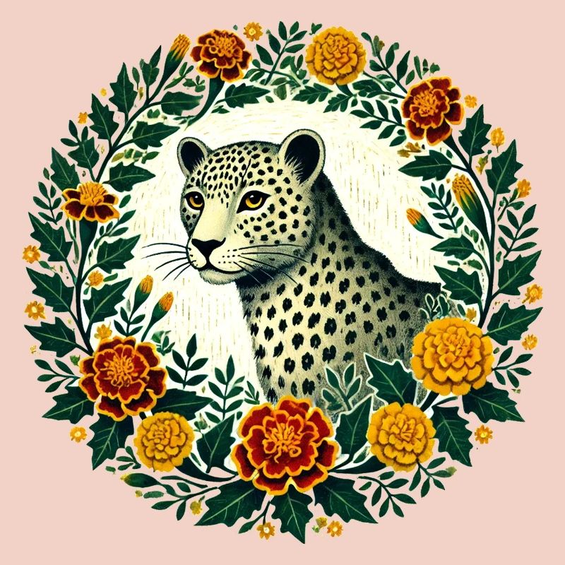 Léopard élégant avec cadre floral