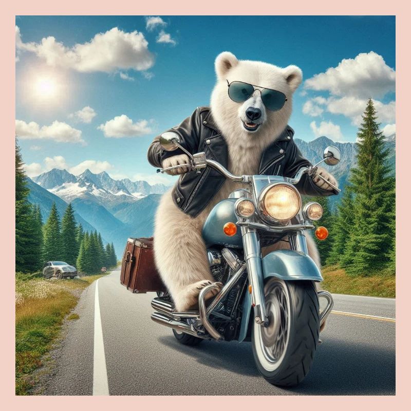 Bear on a motorcycle on an adventure in the mountains