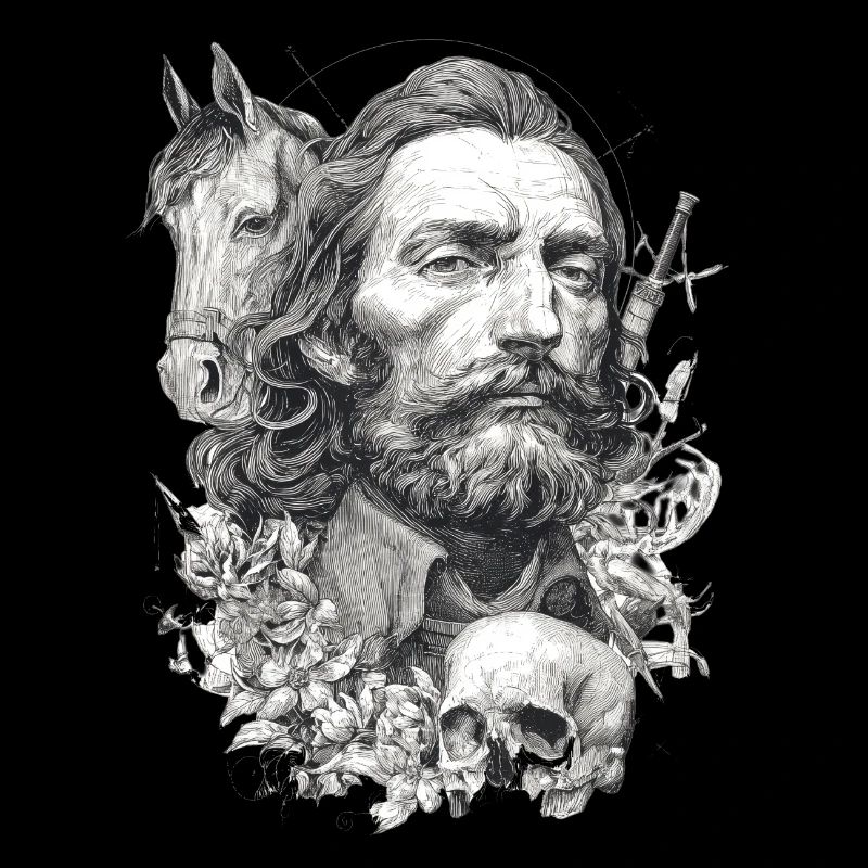 Mann, Pferd und Totenschädel